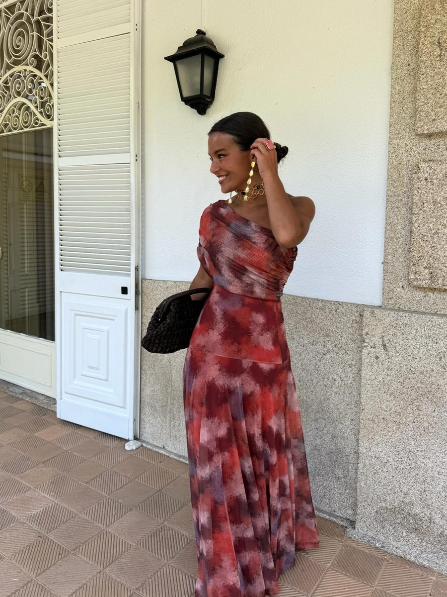 Valentina | Vestido Largo de Tul Escote Bardot – Rojo