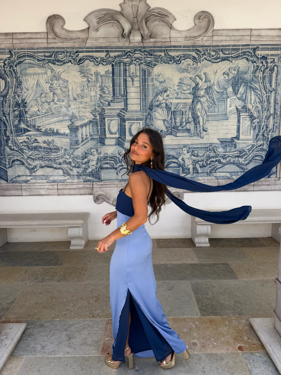 Zahara | Vestido Largo con Pañuelo en Contraste – Azul