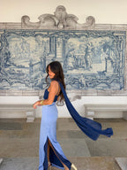 Zahara | Vestido Largo con Pañuelo en Contraste – Azul