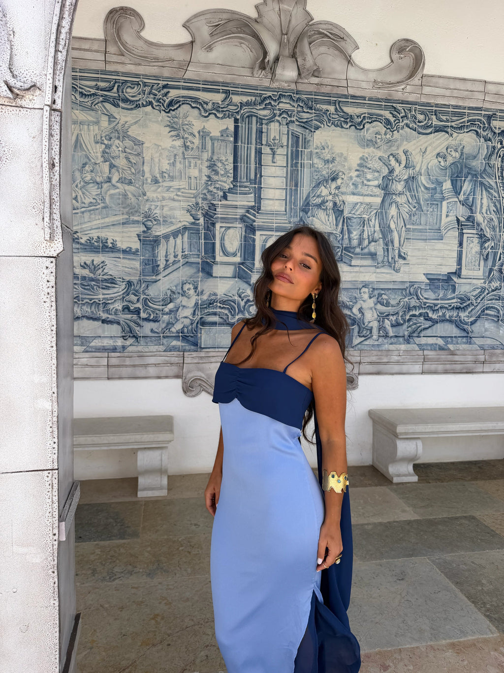 Zahara | Vestido Largo con Pañuelo en Contraste – Azul