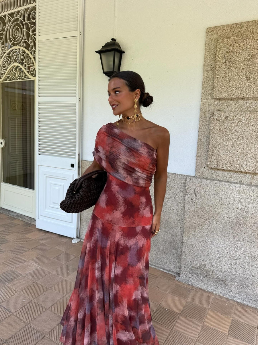 Valentina | Vestido Largo de Tul Escote Bardot – Rojo