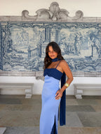 Zahara | Vestido Largo con Pañuelo en Contraste – Azul