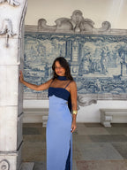 Zahara | Vestido Largo con Pañuelo en Contraste – Azul