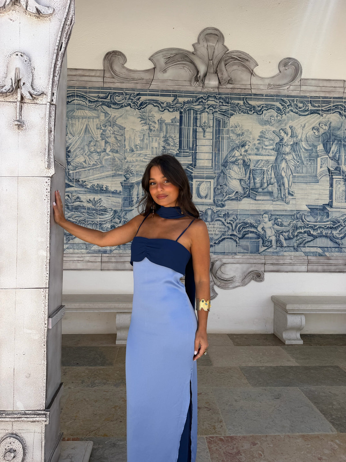 Zahara | Vestido Largo con Pañuelo en Contraste – Azul