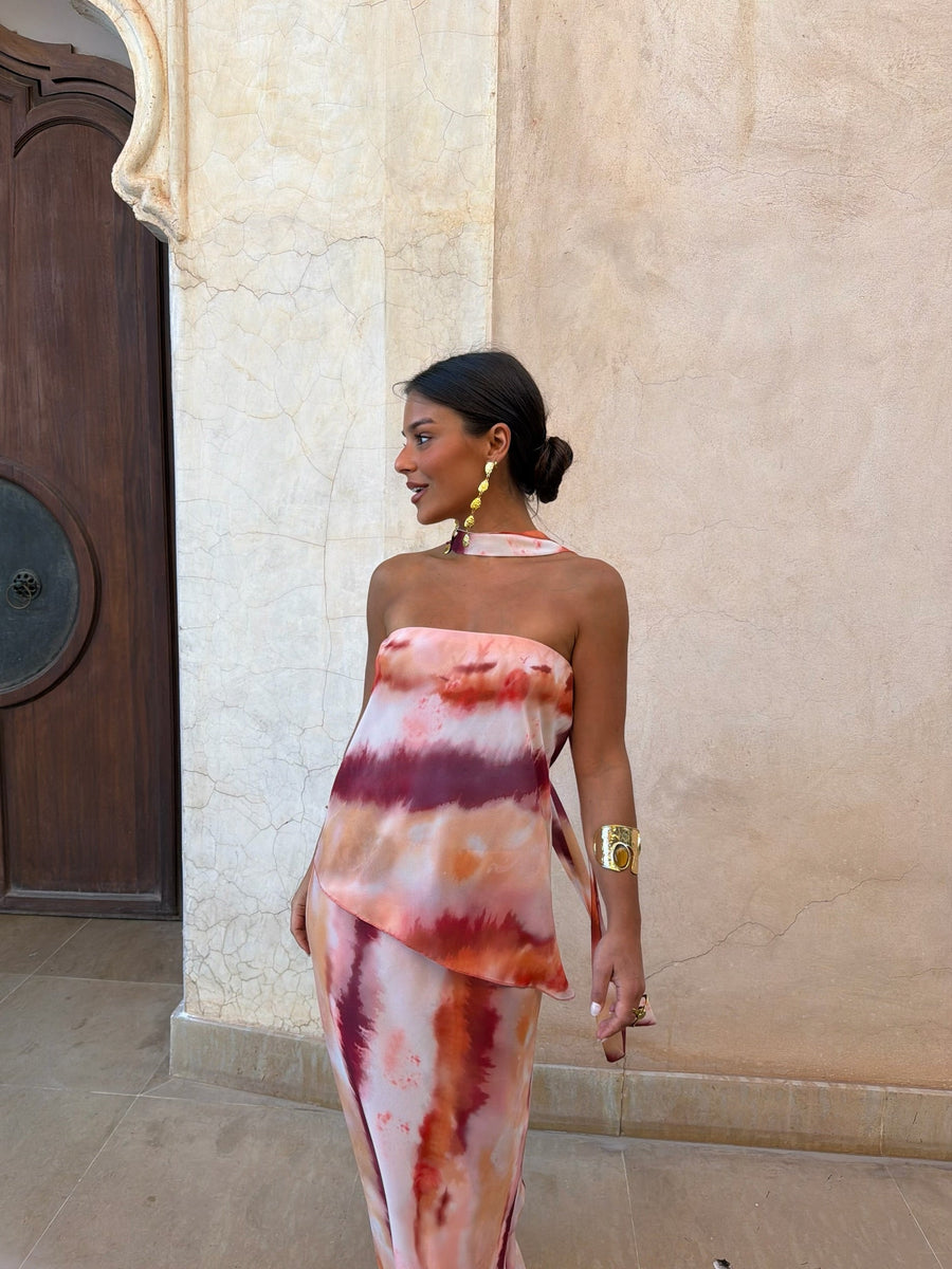 Paloma | Vestido Largo Palabra de Honor – Estampado Acuarela