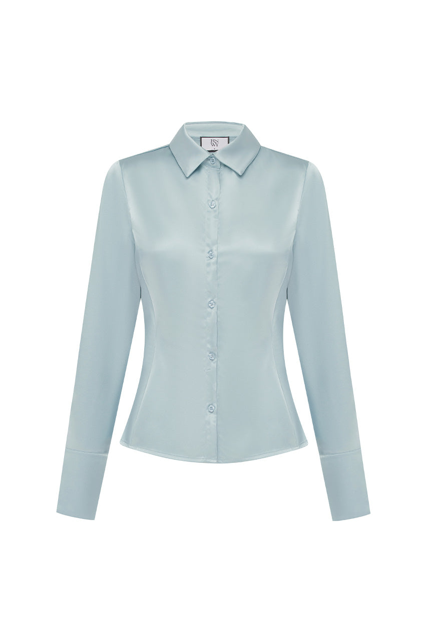 Hartley | Camisa Entallada de Satén – Azul Niebla