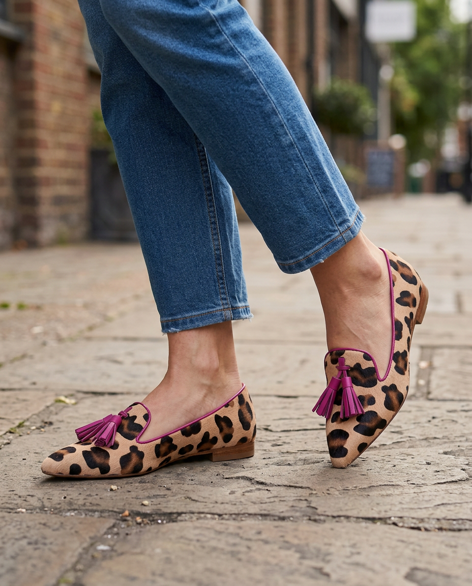 Mocasín Ginevra — Leopardo, Borlas Fucsia