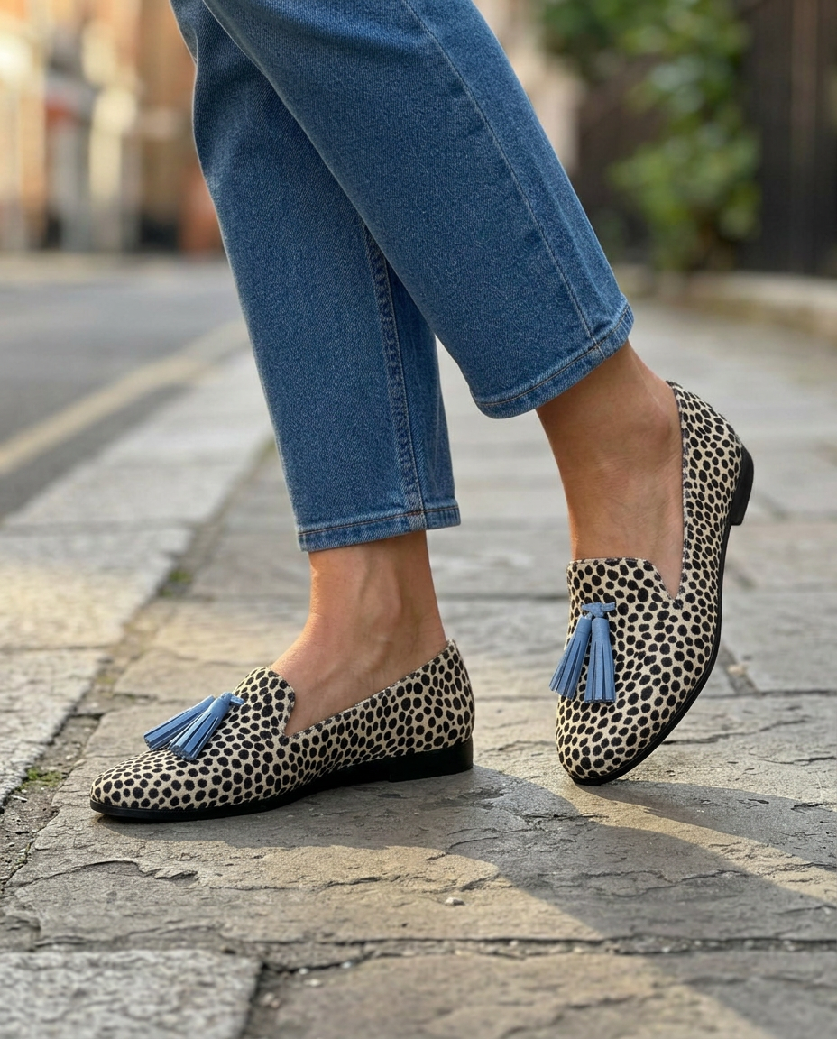 Mocasines Nadia — Leopardo Blanco y Negro con Borlas Celestes