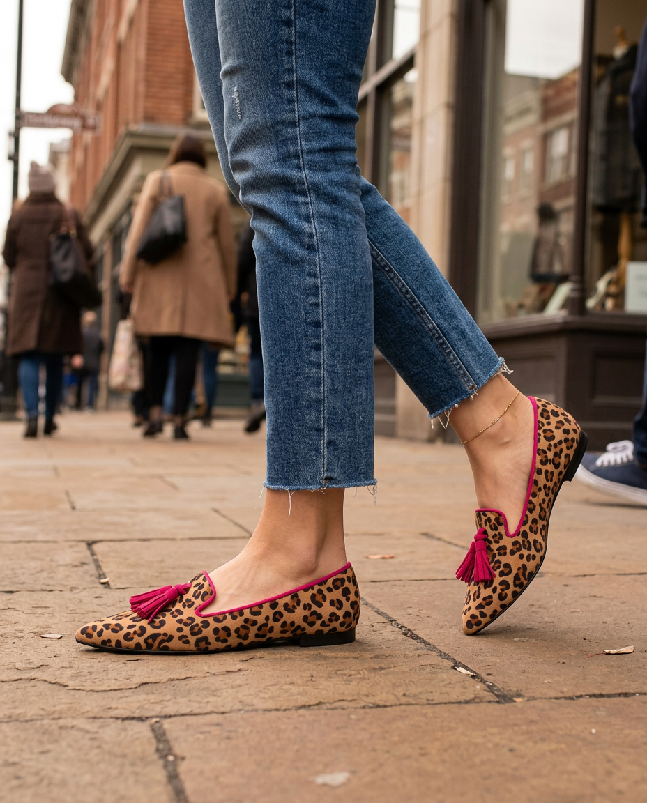 Mocasín Ginevra — Leopardo en Ante, Borlas Fucsia