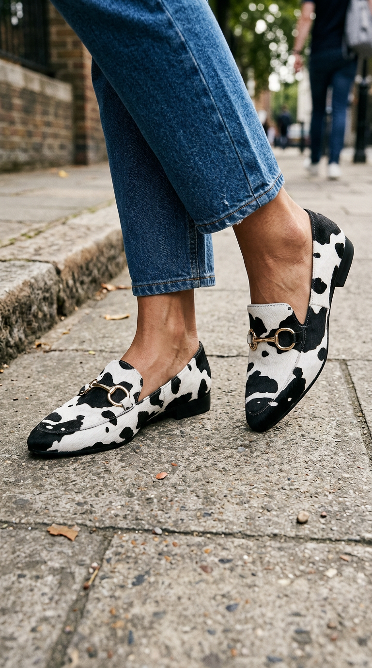 Mocasín de Pelo con Estampado Maculado Blanco y Negro