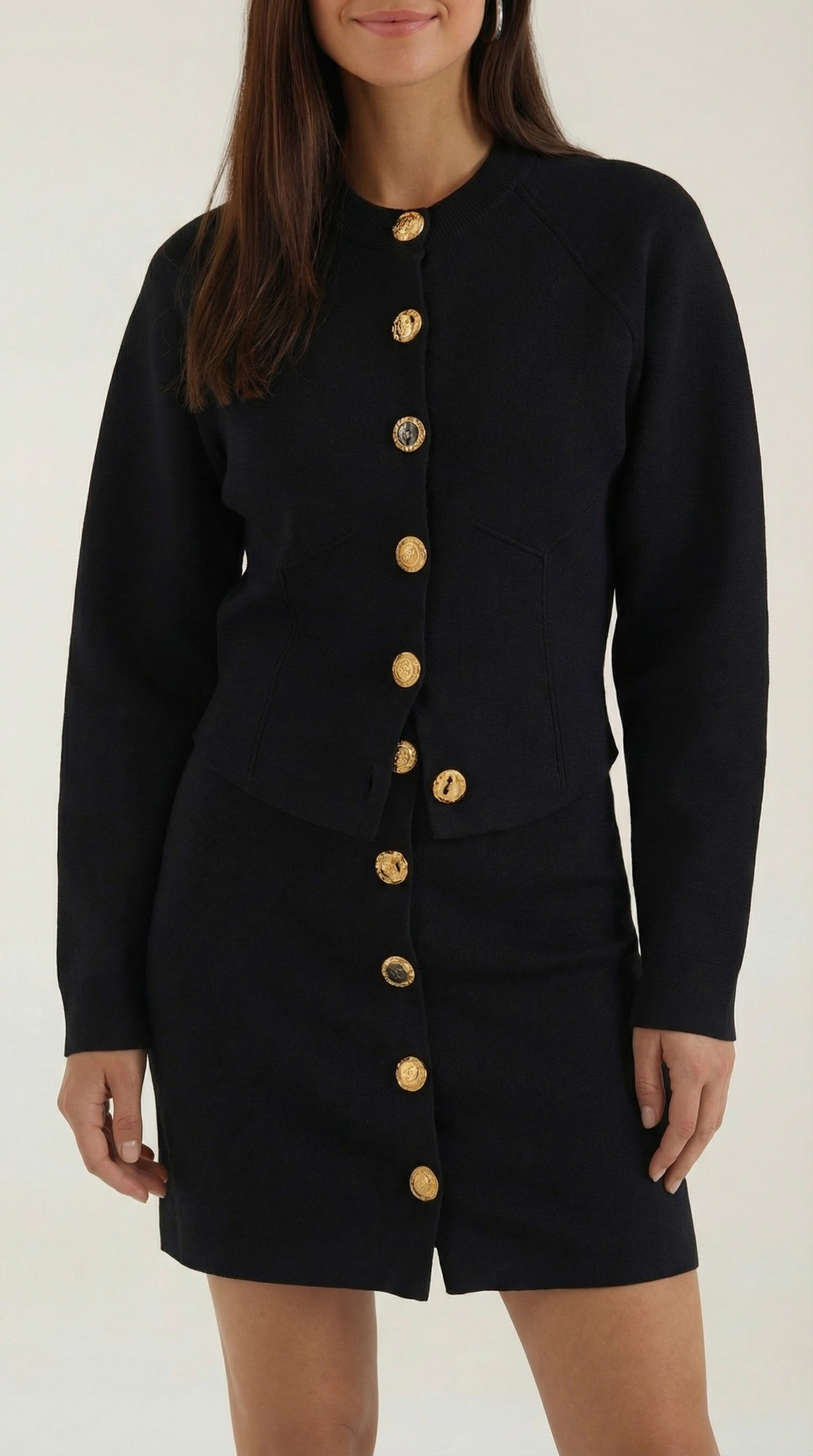 Conjunto de Chaqueta de Punto y Falda con Botones Carrie